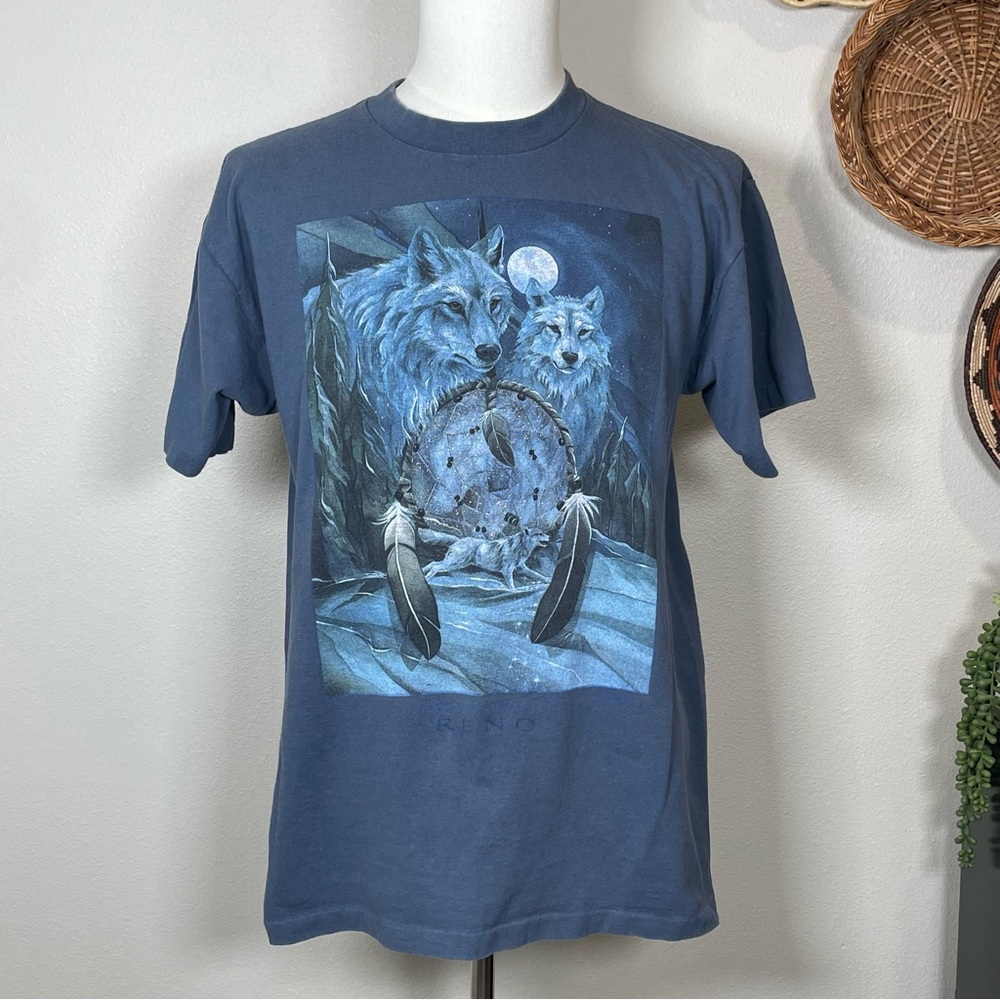 Vintage Tee Wolves Dream Catcher Feathers Moon Blue Gray Sparkles Unisex Large